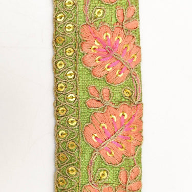 Green Trim with Floral Embroidery Peach Embroidered Leaves Trim, Decorative Trim, Indian Border